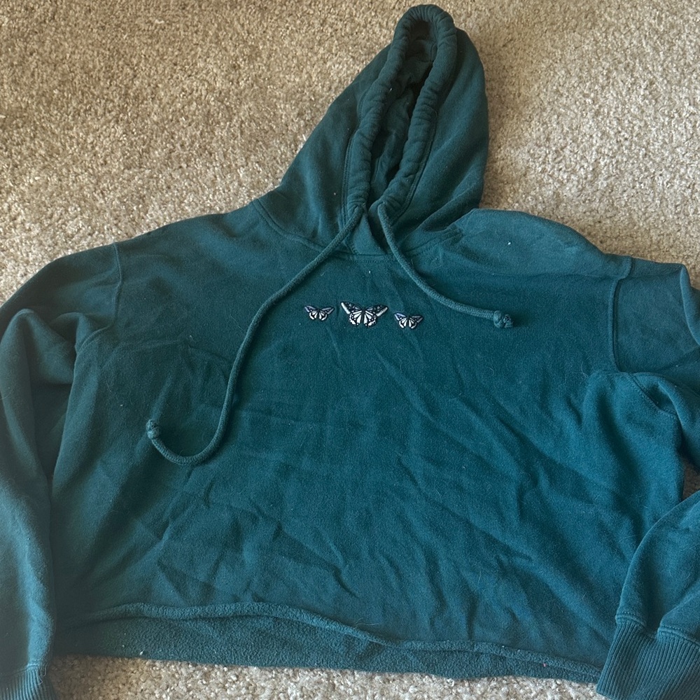 Teal Hollister Cropped Hoodie with Butterfly Embroidery
